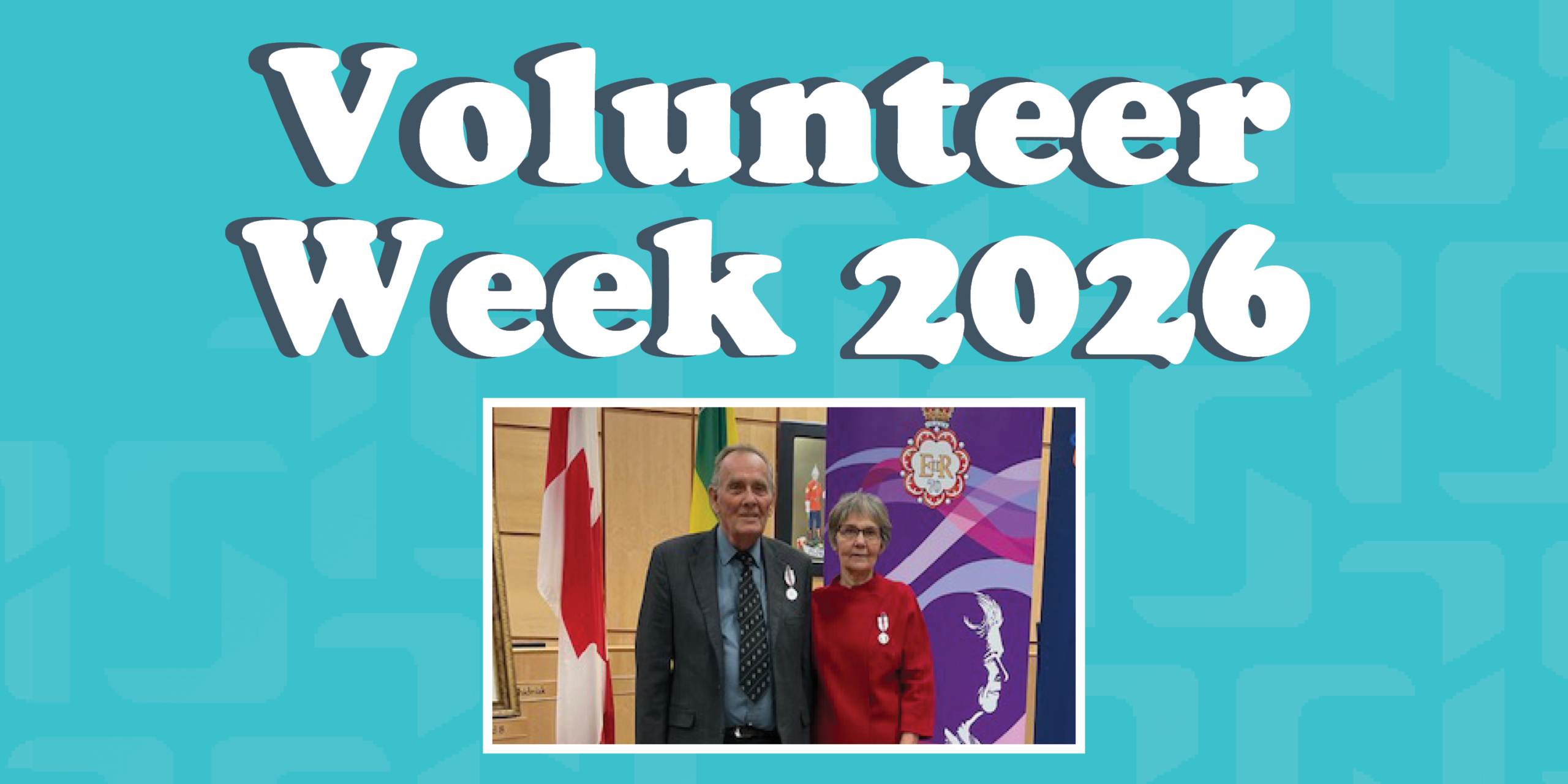 Blue Volunteer Week graphic with photo of Larry Way and his wife.