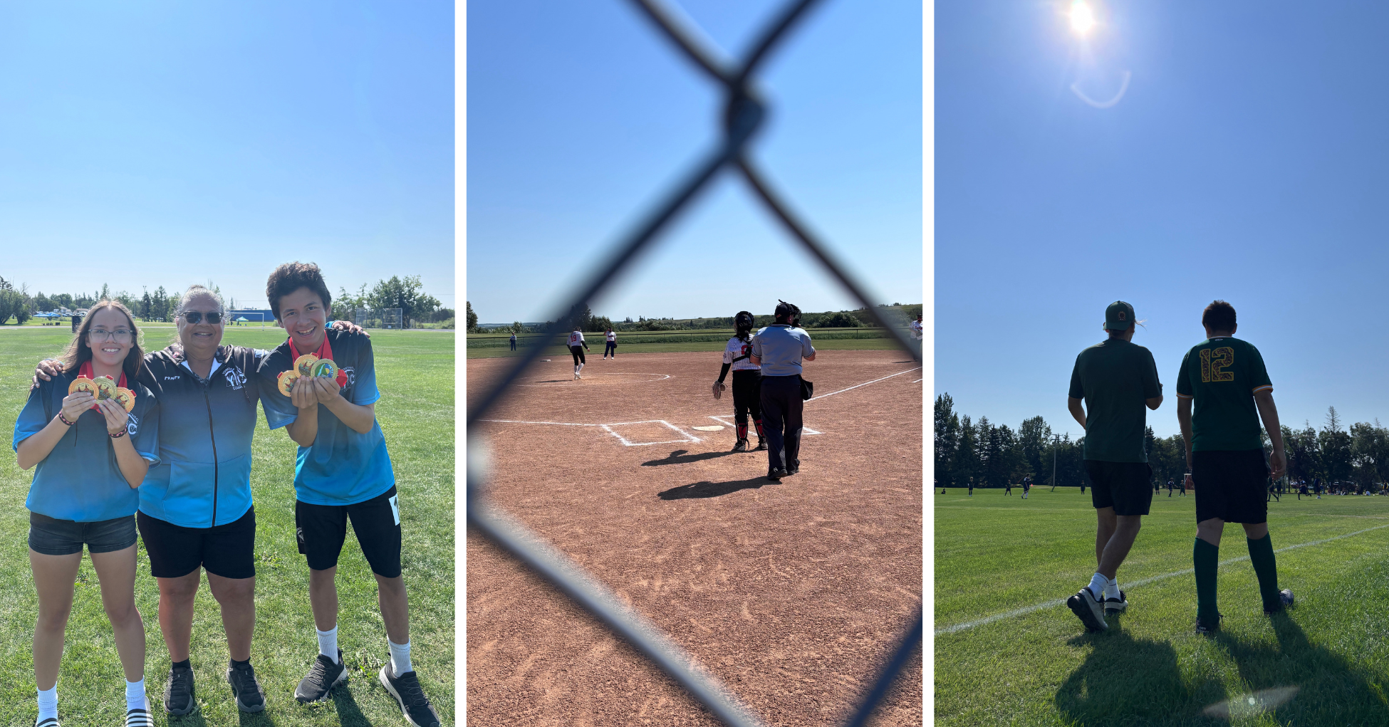 1. Three people standing on a grassy field, smiling and holding medals. 2. View through a chain-link fence of an umpire and a player walking toward home plate on a baseball diamond. 3. Two individuals walking off a soccer field with one wearing a jersey.